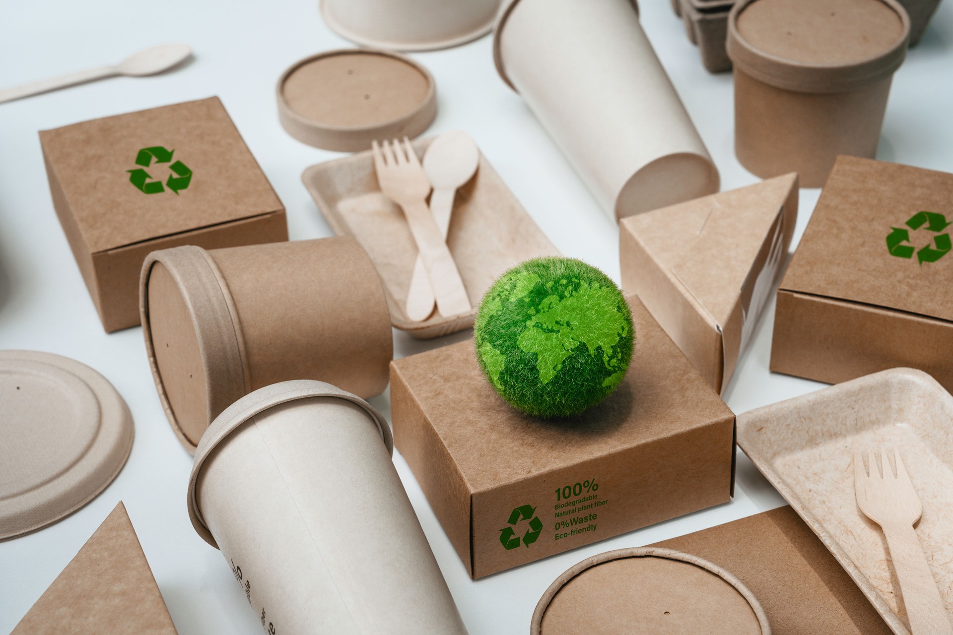 Eco friendly paper tableware and packaging made from biodegradable materials. zero waste and recycling concept. Green package or disposable for sustainable environmental and environmental protection